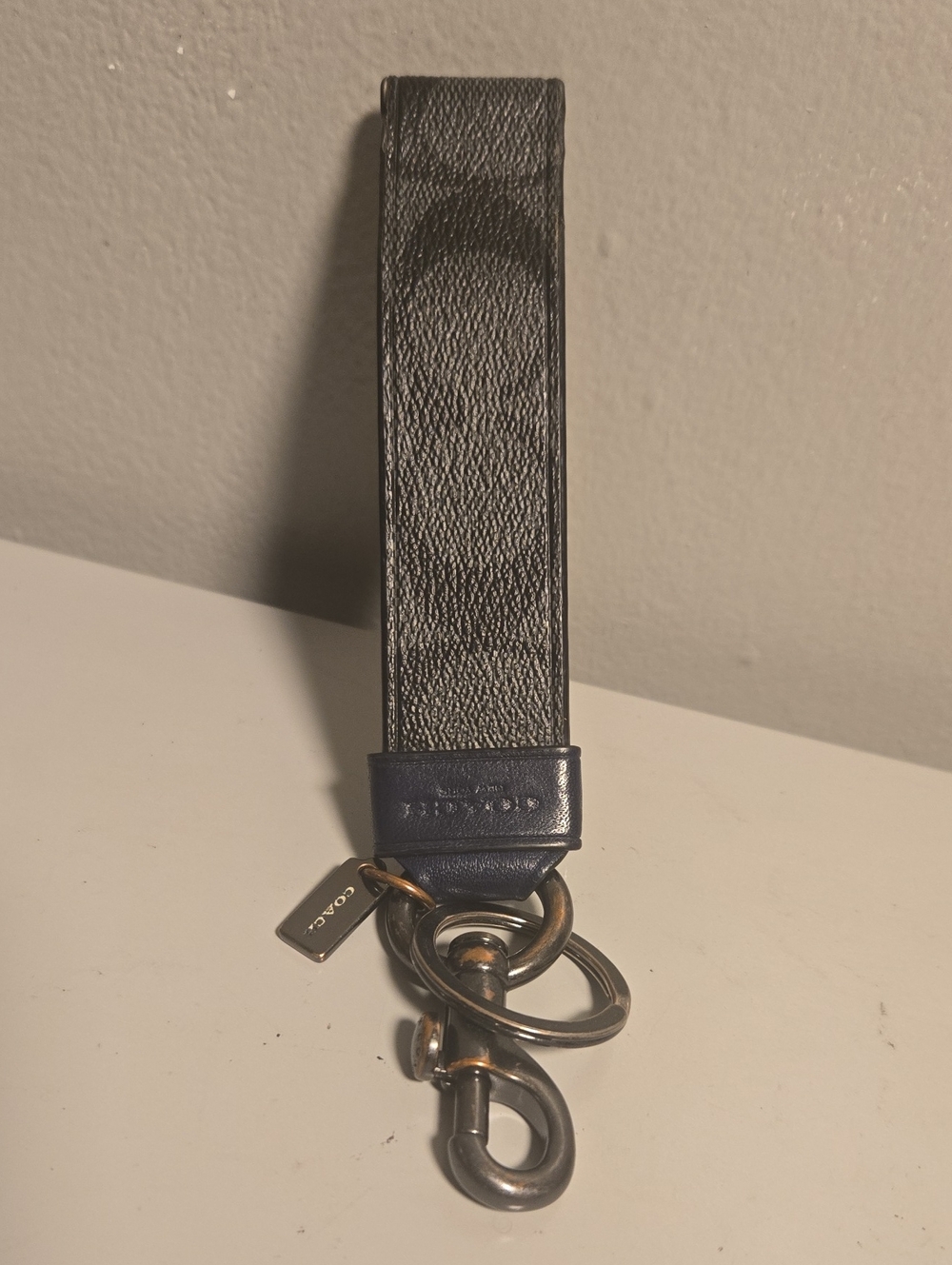 Coach Black & Gray Signature Wristlet Strap with Navy Trim